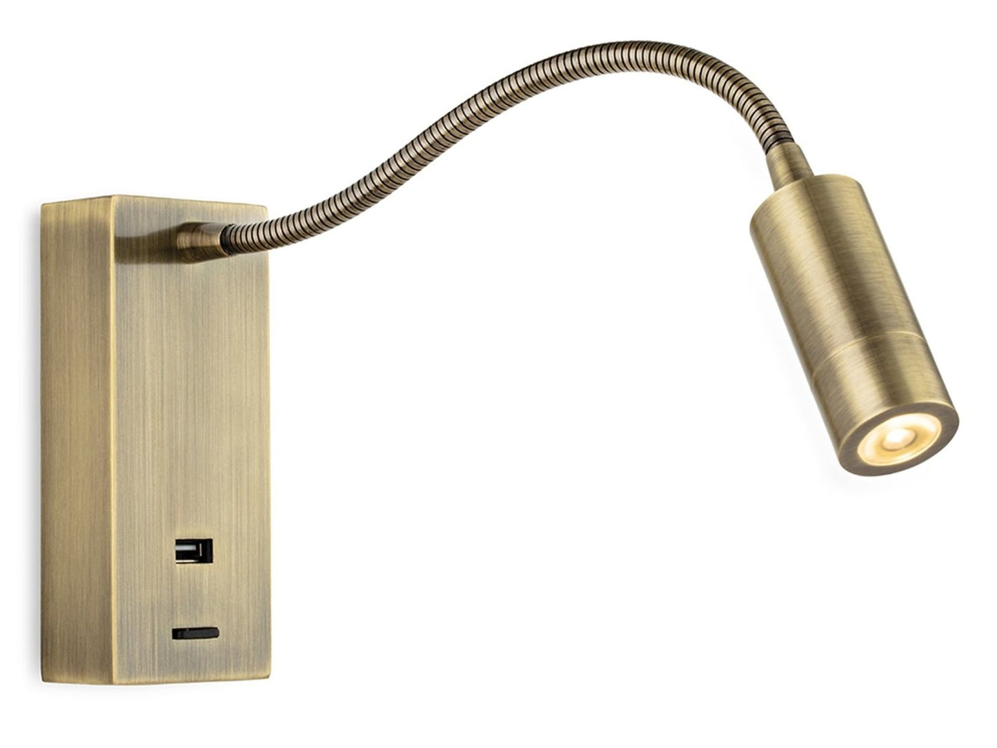 Antique brass reading light with USB charger
