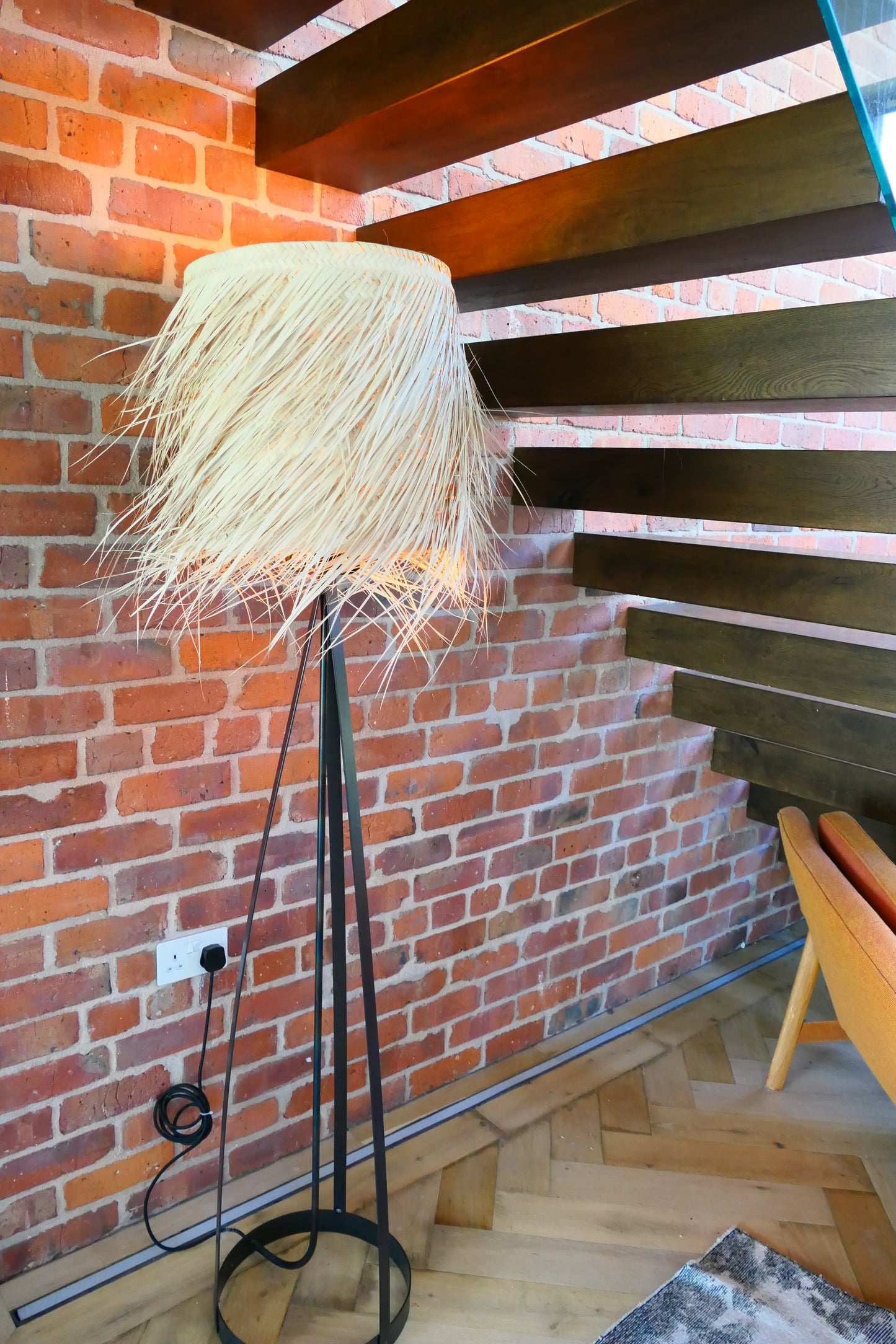 Grass shade floor lamp on antique bronze base