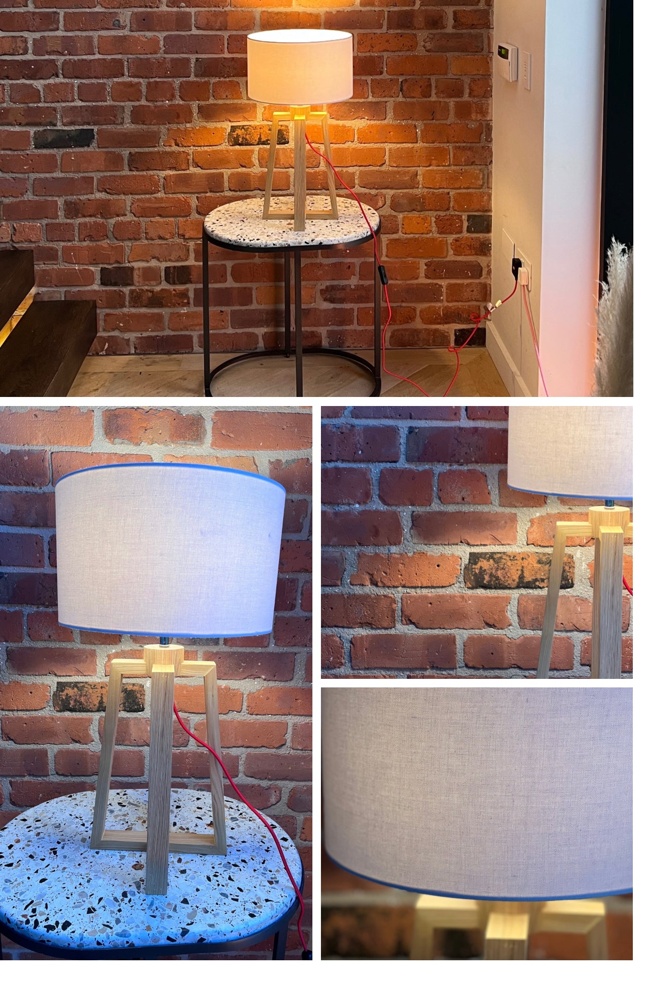 Wooden pyramid table lamp with linen shade