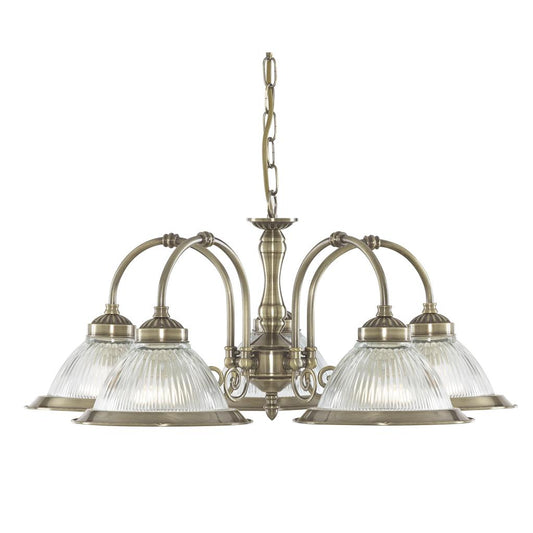 Searchlight 5 Light Diner Pendant Antique Brass & Holophane Glass