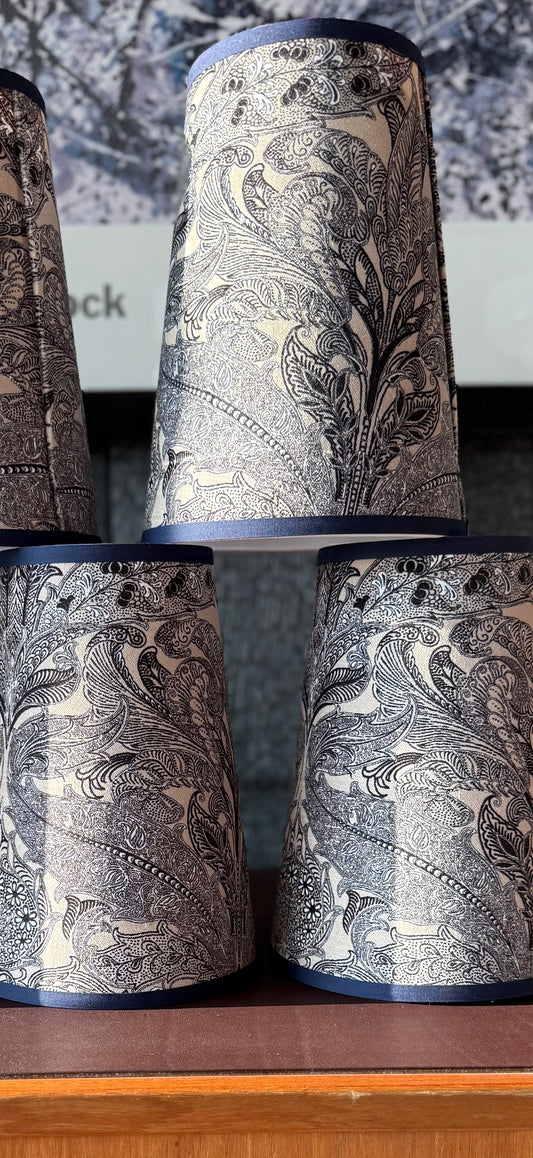 Navy blue and cream feather patterned clip lampshades