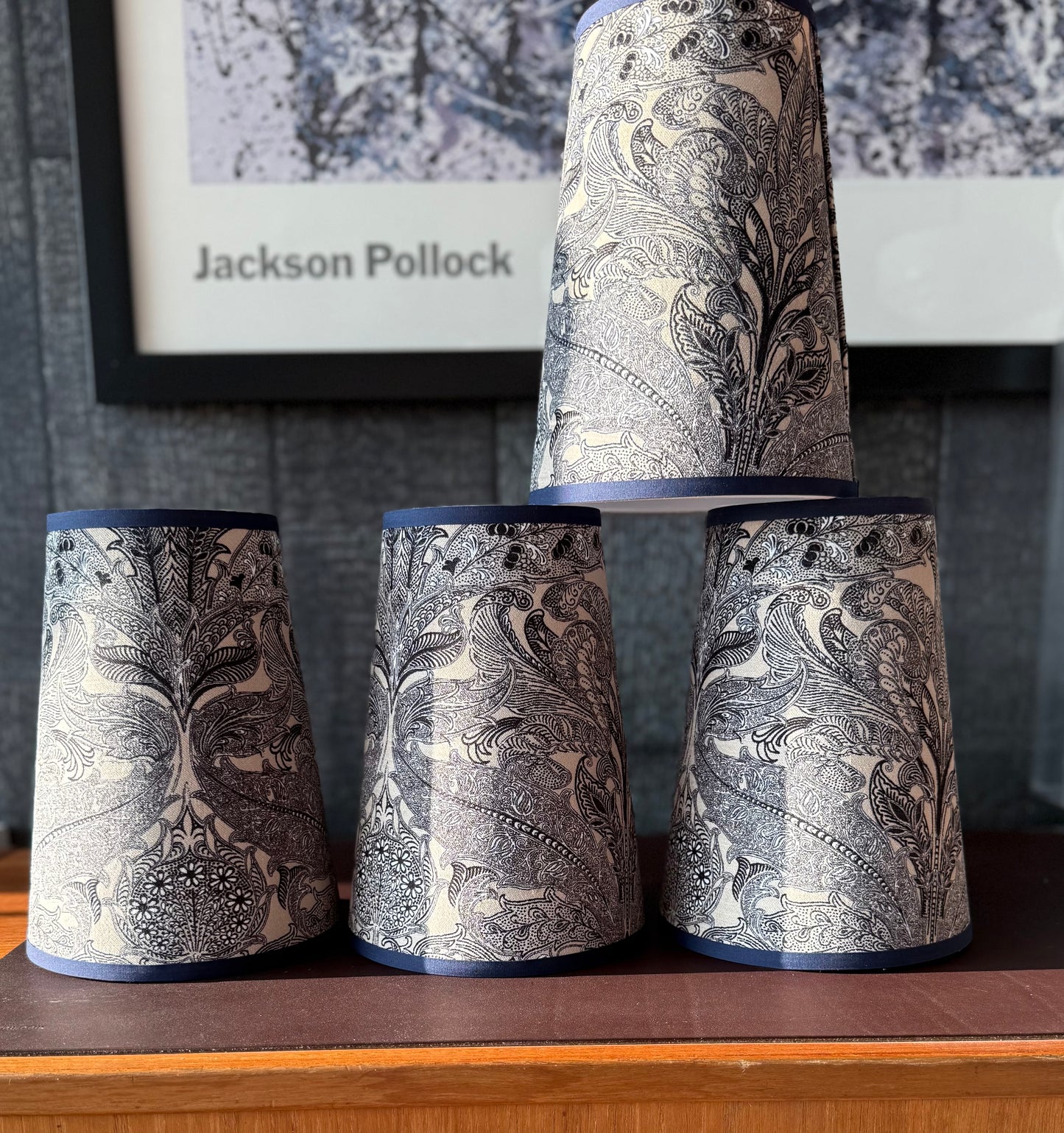 Navy blue and cream feather patterned clip lampshades